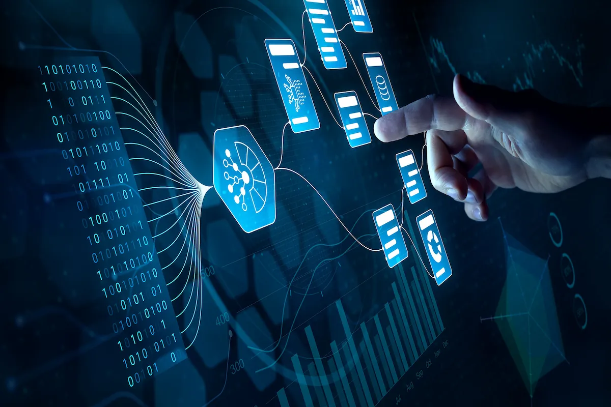 Konzeptuelle Visualisierung von künstlicher Intelligenz und Datenverarbeitung mit verbundenen Symbolen